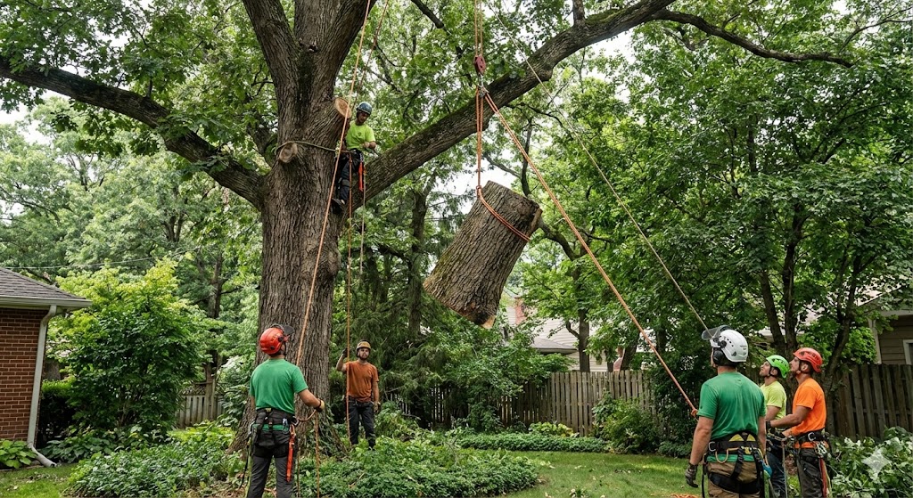 Arborist lowering tree sections with ropes
