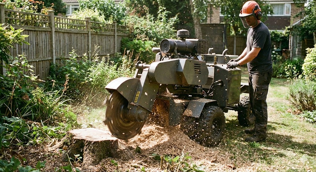 Stump grinding machine working in a garden