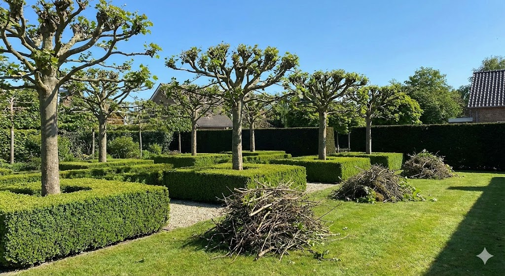 Garden after precise tree reduction and hedge trimming